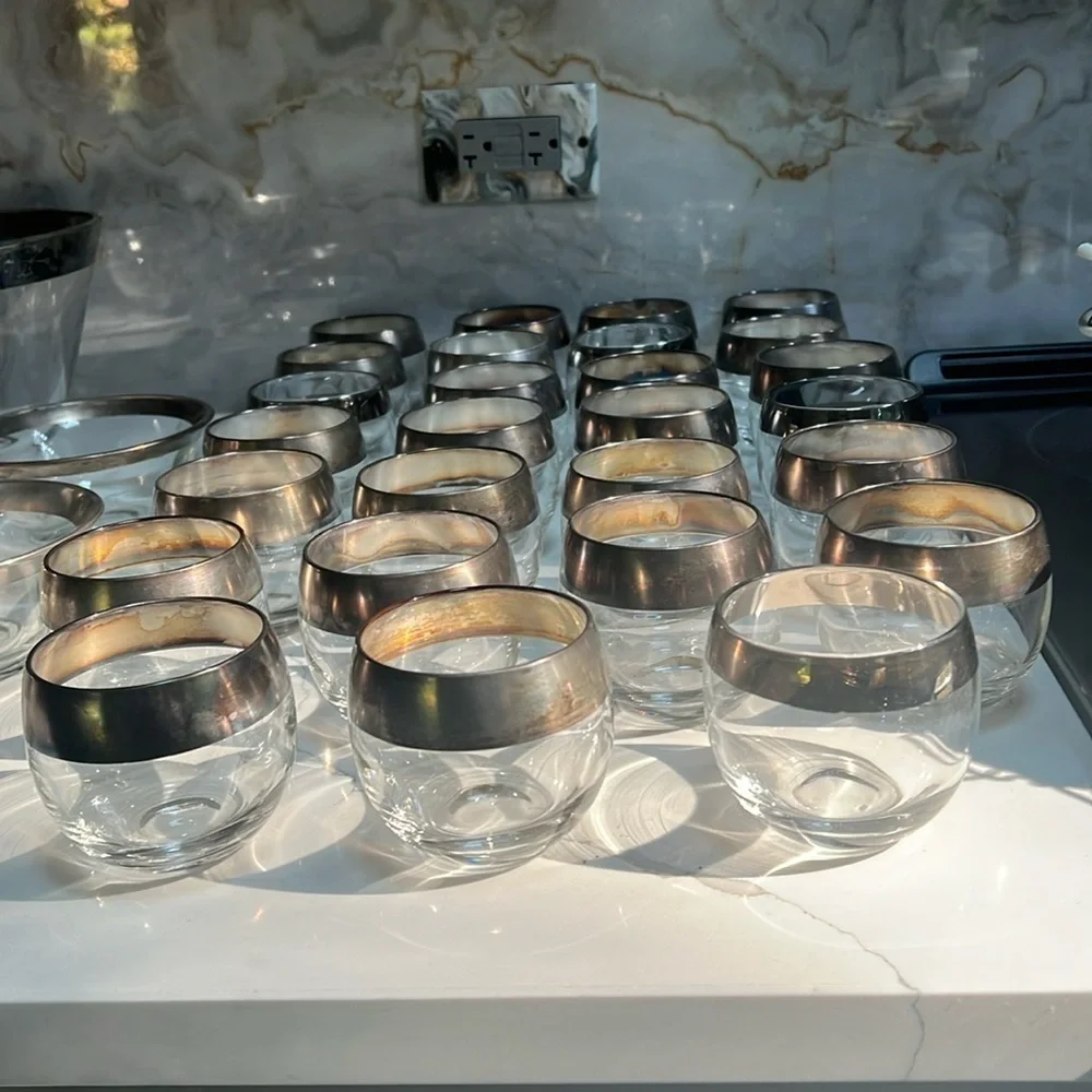 Set of 33 Pieces of Vintage Dorothy Thorpe Silver Rim Set Bowls & Short Glasses